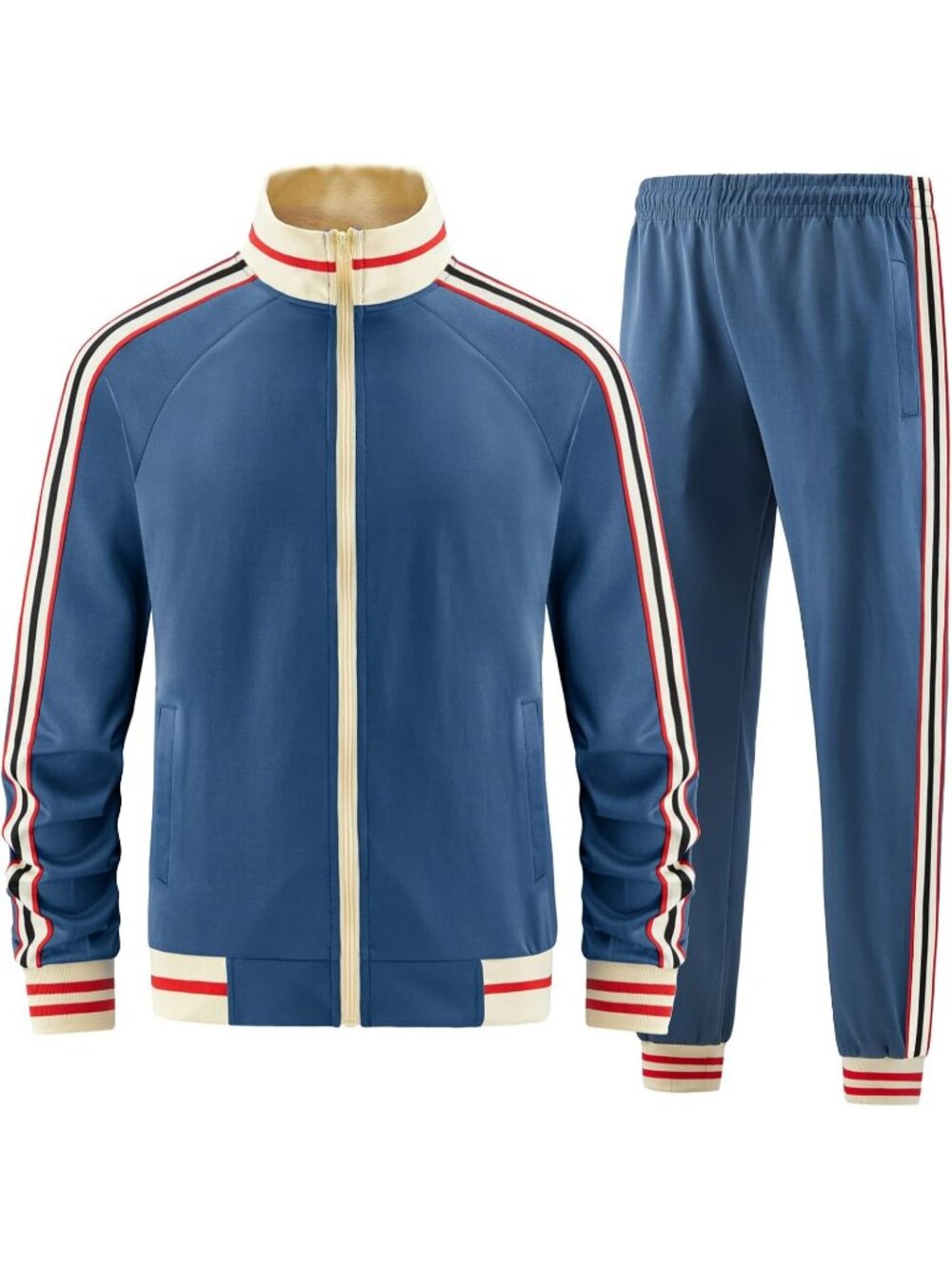 Men's 2 Piece Suits Blue Slant Pocket Long Sleeve Full Zip Track Jacket Pant